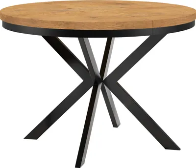 Image de Table ronde à rallonges pour salle à manger ENDIK avec piétement à anneaux et pieds en métal, diamètre : 110 / 160 cm, couleur : chêne Lancelot / noir