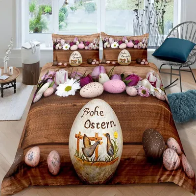 Productafbeelding van Kinderbeddengoed, paasdecoratie, 3-delig, 155x220 cm, microvezel, 3D-eierprint, met 2 kussenslopen van 80x80 cm