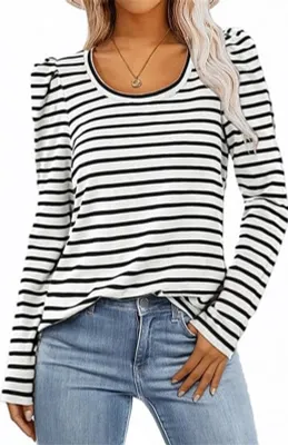 Produktbild von ASKSA Damen T-Shirt Rundhals Langarmshirt Puffaermel Gestreiftes Basic Leicht Laessig Bottoming Bluse Elegant Oberteile (Weiss,L)