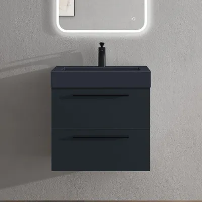 Image de doporro Meuble de Salle de Bains Gris Noir Mat Ensemble de 2 Pièces Meuble Suspendu avec Lavabo 60 cm Design Quadratto