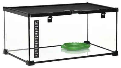 Produktbild von Terrarium für Reptilien - Erhöhtes Glasterrarium - Metallgitterdeckel mit Schloss - Integriertes Thermometer - 50x30x25 cm - Armeegrün