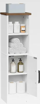 Produktbild von Kleiner Badezimmer-Aufbewahrungsschrank, Eckschrank, Bodenschrank mit 2 verstellbare Ablagen, freistehend, schmal für kleine Räume, Weiß und Walnuss