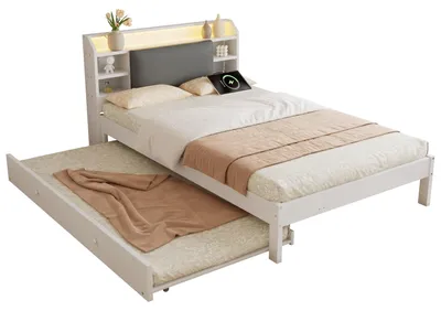 Produktbild von Massivholzbett mit RGB LED-Streifen, Stauraum, Lattenrost, Ausziehbett, Type-C und USB, Kopfteil mit Regal, 120x200 cm, Einzelbett, Kiefer