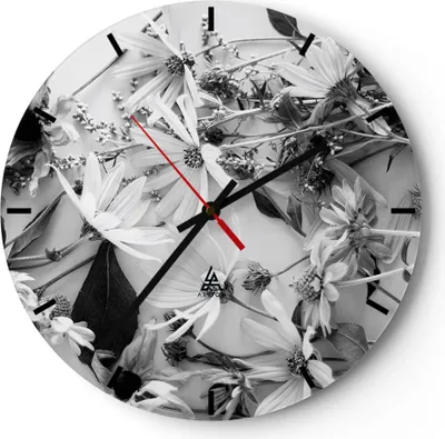 Produktbild von Wanduhr - Rund - Glasuhr - Blumen Schwarzweiß Fotografie - 40x40cm - Schleichendes Uhrwerk - Lautlos - zum Aufhängen bereit - Dekoration Modern - Wanddekoration aus Glas - C3AR40x40-4740
