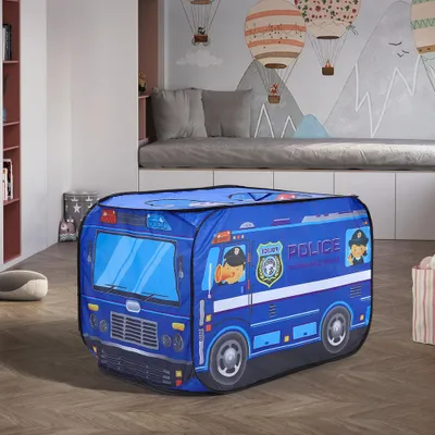Produktbild von Livingandhome Faltbares Kinderzelt Spielhaus Polizeiauto mit 2 Schiebedächern 115x75x70cm Blau