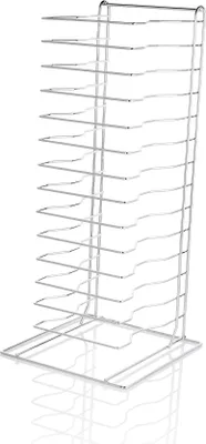 A chrome-plated pizza pan rack with multiple slots.