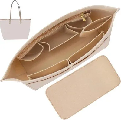 Zdjęcie produktu dla Skórzany organizer do torebki – wkładka do torebek – skórzana wkładka do torebek z wieloma przegrodami – składana, lekka przegródka do torebek z zamkiem błyskawicznym – przegródka do torebek (beżowa)