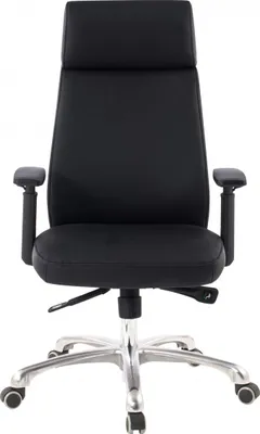 A black office chair with a silver base and wheels, shown from the front on a white background.