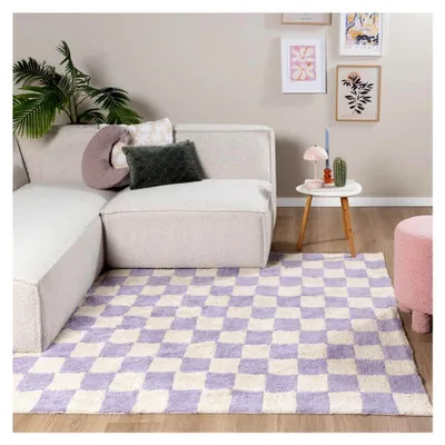 Produktbild von Retro Teppich - Gambit Lila Weiß - Blöcke - Modern, Wohnzimmer, Kinderzimmer, Schlafzimmer - Fellteppich