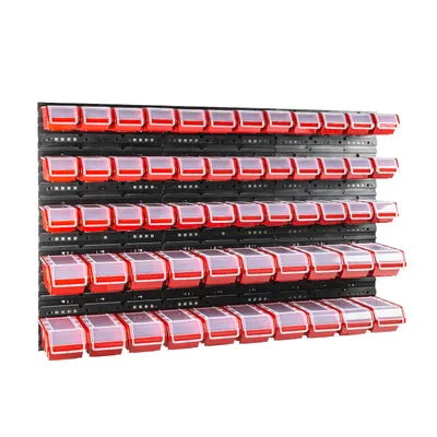 Immagine prodotto di Scatole impilabili Pannelli a parete con scatole Scaffale di smistamento 56 pz. Scatola con coperchio Scaffale a parete 120 x 80 cm Scaffale a parete per officina Scaffale a scivolo Coperchio trasparente Contenitori a giorno Sistema di stoccaggio in plastica