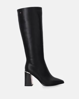 Produktbild von Schwarze Damen-Lederstiefel mit hohem Absatz, Größe 39