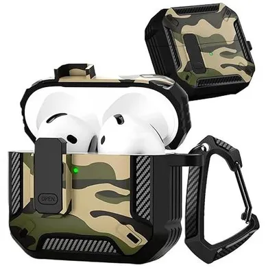 Zdjęcie produktu dla Etui airpods 4 2024 kamuflażowe ochrona 360 z karabińczykiem