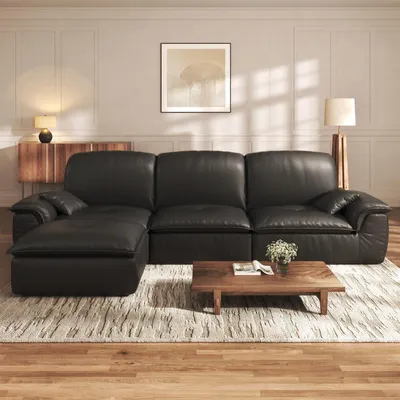 Produktbild von Ecksofa 3-Sitzer mit Longchair 280cm, Weiches Lederoptik Sofa für Wohnzimmer, Schwarz
