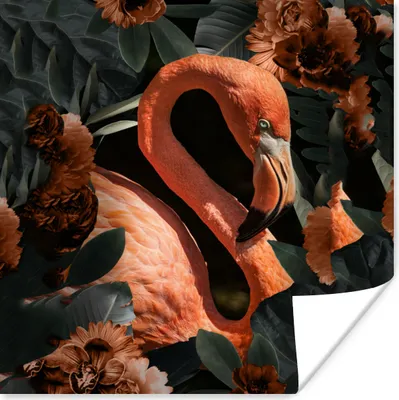 Produktbild von MuchoWow® Poster Flamingo - Vogel - Blumen - Blätter 100x100 cm - Babyzimmer