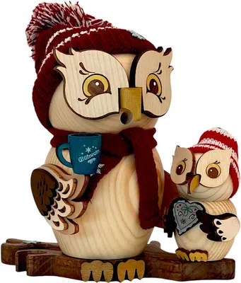 Produktbild von Kuhnert  Räucherfigur Eule Weihnachtsmarktbesuch mit Kind 15 cm - Echt Erzgebirge
