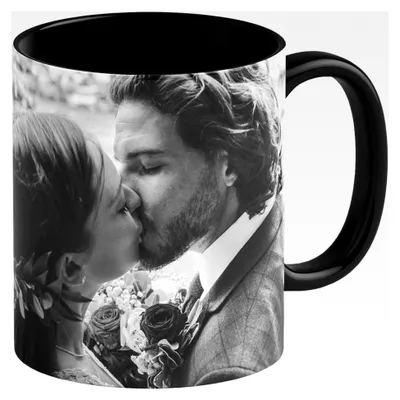 Produktbild von Personalisierte Tasse mit Foto und Text – 325 ml, Keramik, verschiedene Farben, randloser Panoramadruck möglich – Geschenkidee für Männer und Frauen, Jahrestag, Muttertag – Schwarz