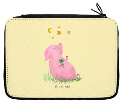 Produktbild von Mr. & Mrs. Panda Federmäppchen Schwein Glück - Gelb Pastell - Geschenk, Glücksbringer, Träume, Sterne, Ziele, Bleistiftetui, Motivation, Mäppchen, Federtasche, Federmappe