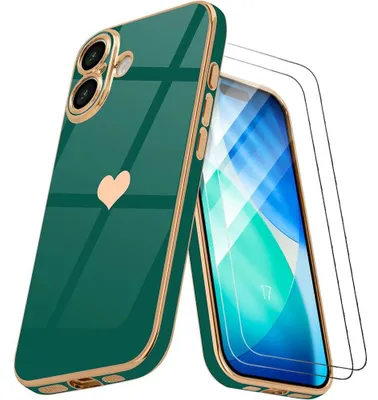 Image de Coque + 2 Verres Trempés pour iPhone 17, Silicone avec Motif Coeur Protection Antichoc Slim Vert Nuit