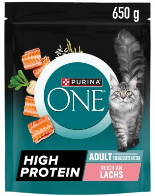 Produktbild von PURINA ONE High Protein, Katzenfutter trocken, reich an Lachs, 6 x 900g
