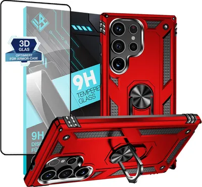 Produktbild von Armor Outdoor Handyhülle für Samsung Galaxy S24 Ultra Handy Panzer Case Schutzhülle mit 9H Displayglas Displayschutz Farbe: Rot