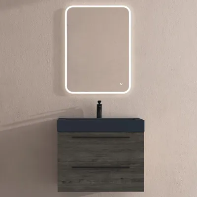 Produktbild von doporro Badmöbel-Set Waschbeckenunterschrank mit Soft-Close in Grau-braun 73x48x60cm Waschplatz komplett Set inkl. Mineralguss-Waschbecken in matt Anthrazit und Led-spiegel Quadratto