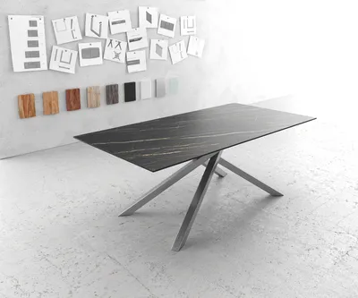 Produktbild von DELIFE Esstisch Edge 200x100cm Keramik Laminam®Noir Desir Braun Kreuzgestell Rechteck Edelstahl