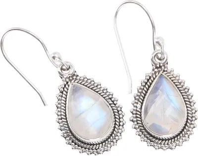 Produktbild von Indische Boho Silberohrringe, Tropfenförmige Ohrhänger - Mondstein, Silber-Farben, SterlingSilber, 3*1,3 cm, Silberohrringe