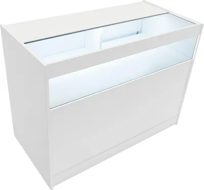 Produktbild von Weiße LED-Ladentheke B1200 – Abschließbare Schiebetüren I 2 Schlüssel – Verkaufs- & Aufbewahrungseinheit mit Glasvitrine – Empfangstresen für Kleidung und Schmuck – 3 Regale – Kaltweiße Beleuchtung