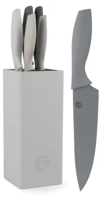 Produktbild von MasterChef Messerblock mit Messer, Messerset mit Block, Scharfe Messer Set mit Küchenmesser, Kochmesser, Brotmesser, Schälmesser & Allzweckmesser, Edelstahlklingen, Softgriff, 6-teilig, Schwarz