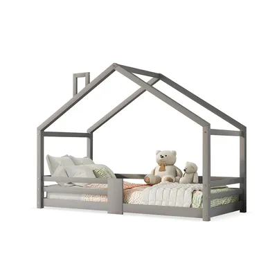 Produktbild von Kinderbett mit Schornstein Rausfallschutz Robuste Lattenroste Bodenbett Hausbett 90x200cm Grau
