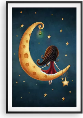 Produktbild von Gerahmtes Poster - Schwarzer Rahmen - Kinder Mädchen Mond - 61x91,5 cm - Wand Bild - Wanddeko - Wandbilder - Kunstposter - Wandposter - Bilderrahmen - Bilder - Kunstdruck - P2BPA61x91-4683