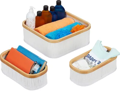 Produktbild von Relaxdays Aufbewahrungskorb 3er Set, Badkörbe in 2 Größen, Bambus & Polyester, stapelbar, für alle Räume, weiß/ creme