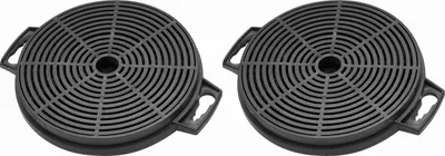 Two black circular charcoal filters for a range hood, placed side-by-side on a white background.