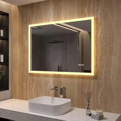 Produktbild von Badspiegel mit Beleuchtung 100x70cm Badezimmerspiegel 3 Lichtfarben Touch Sensor Speicher Dimmbar Spiegelheizung Antibeschlag Energiesparend IP 44