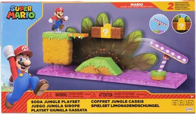The image shows the packaging of a Super Mario Bros Soda Jungle Playset.