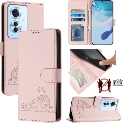 Produktbild von Leder Hülle für Oppo Reno11F Süße Katze Flip Case Brieftasche Schutzhülle mit Standfunktion Pink