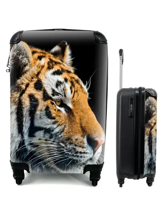Produktbild von MuchoWow® Koffer Handgepäck Trolley Rollkoffer Kleine Reisekoffer mit 4 Rollen - Tiger - Kopf - Schwarz - Cabin Size < 55x40x23 cm & 55x40x20 cm - Fotokoffer - Kabinenkoffer - Boardgepäck - Reise-Box - Reisekoffer - Reisegepäck - Koffer mit Bild - Trolley für Kinder