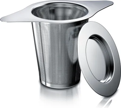 Produktbild von Arendo Edelstahl Teesieb mit Deckel und Abtropfschale Teefilter, ideal für losen Tee passend für Tasse und Kanne mit langem Griff