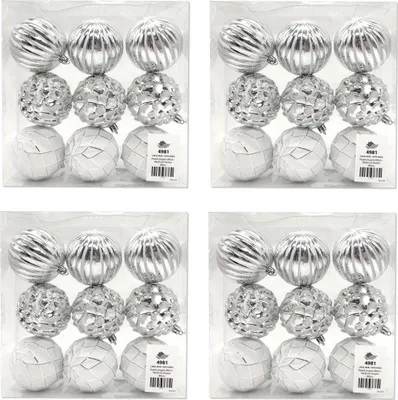 Produktbild von Kunststoff Weihnachtskugel Ø 8cm weiß silber Deko Christbaumschmuck 4 Sets - 36 Kugeln
