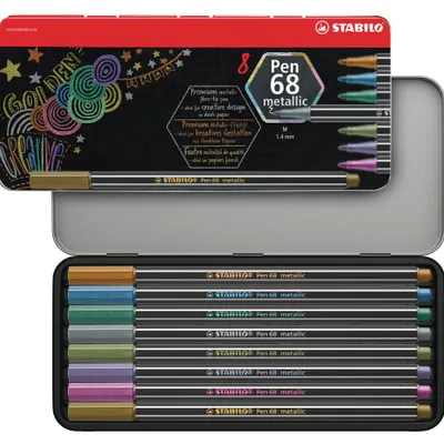 Immagine prodotto di Pennarello metallico premium - STABILO Pen 68 metallic - confezione da 8 pezzi in metallo con occhiello per appendere - con 8 diversi colori metallici
