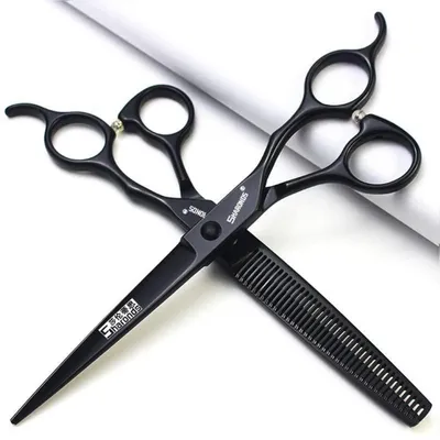 Image de Set de ciseaux de coiffure, 7 pouces, noir, 2 pièces, en acier inoxydable, avec poignées ergonomiques