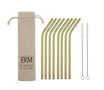 Produktbild von EKM Living Edelstahl Strohhalme 8er Set Gold gebogen GmbH, Trinkhalme, bruchfest, wiederverwendbar, spülmaschinengeeignet, plastikfrei (Gold gebogen, 8)