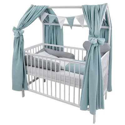 Produktbild von Baby-Delux Hausbett Kinderbett Gitterbett weiß 60x120 Beißschienen Matratze Bett Set Waffelpique Musselin Grau Mint