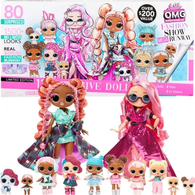 A product box for LOL Surprise OMG Fashion Show Mega Runway dolls, with two large dolls and several smaller dolls displayed in front of the box.