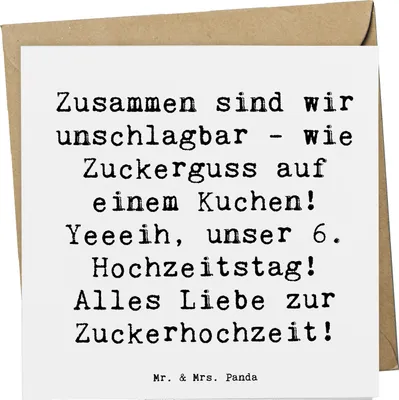 Produktbild von Mr. & Mrs. Panda Grußkarte Spruch 6. Hochzeitstag Zuckerhochzeit - Weiß - Geschenk, Geschenke, Klappkarte, Eheleben, Glückwunschkarte, wir sind unschlagbar, anlasskarte