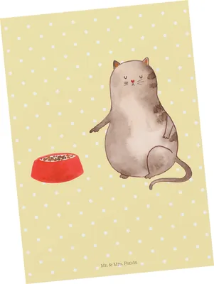 Produktbild von Mr. & Mrs. Panda Postkarte Katze Fressen - Gelb Pastell - Geschenk, einzelkarte, Ansichtskarten, bildkarte, Grußkarte, Postkarten