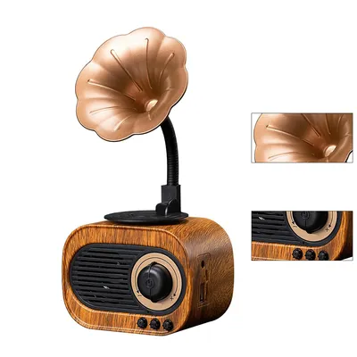 A vintage-style Bluetooth speaker with a gramophone horn design, shown against a white background.
