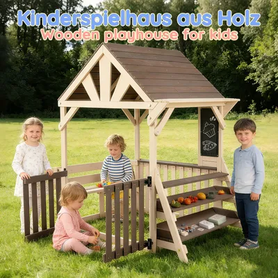 Image de Maisonnette d'extérieur Merax « Cuisine pour enfants » en bois, ensemble de jeu en forme de maison avec toit résistant à la pluie, étagère et balustrades, maisonnette de jardin à partir de 3 ans, gris
