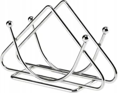 A silver metal napkin holder is shown against a white background.