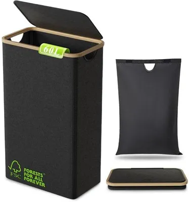 Produktbild von Schlanker 60L Wäschekorb aus Bambus, schwarz, für Zuhause/Camping